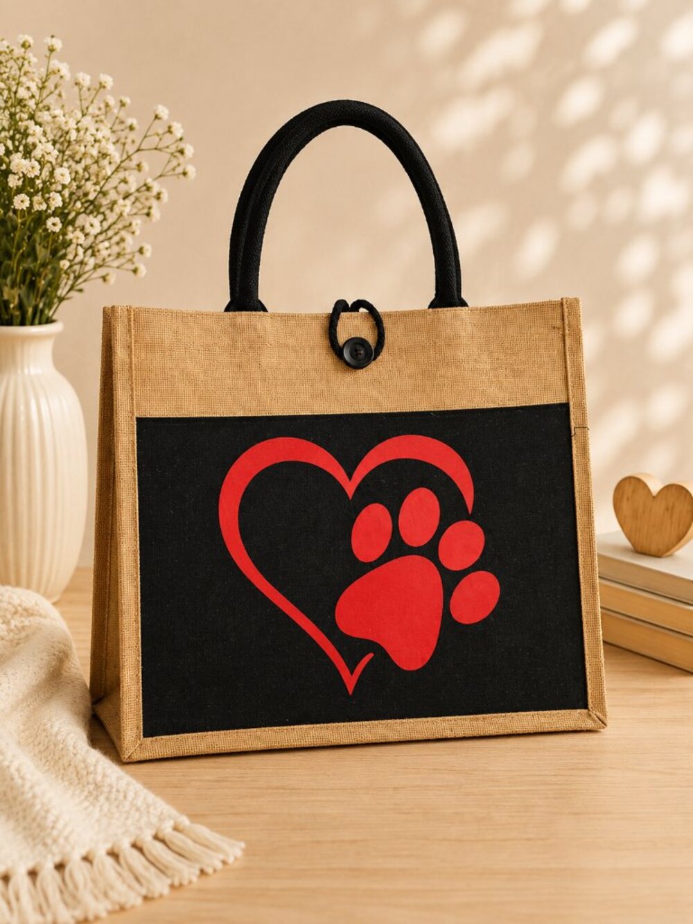 Heart & Paw Red Print Canvas Tote Bag | Pet Lover | New